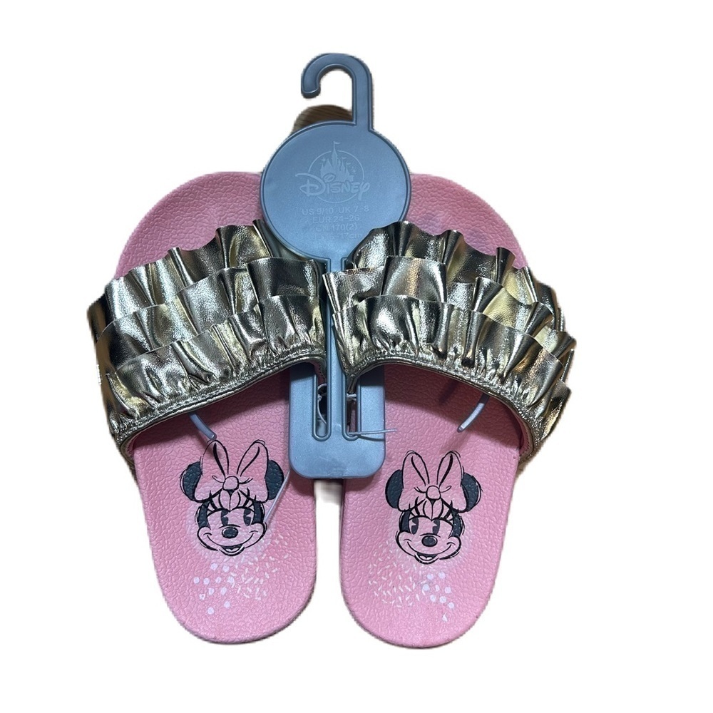 Disney Minnie Mouse Slide Sandals NWT Sz 9/10 Pink Gold Flip Flops Shoes Kids